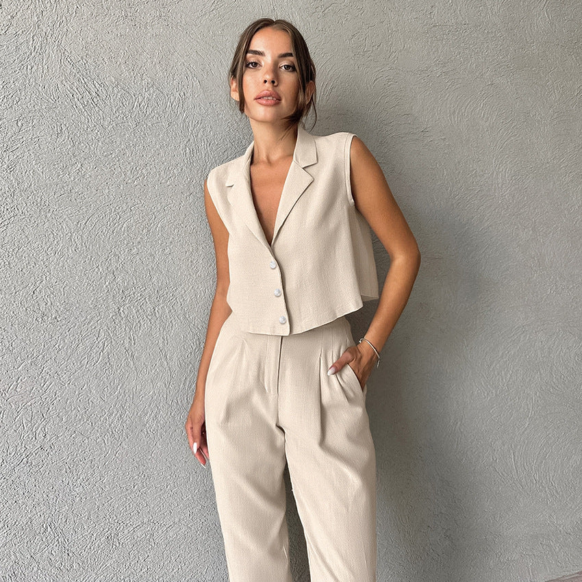 Women's Khaki Cotton And Linen Sleeveless Vest Trousers Two-piece Set