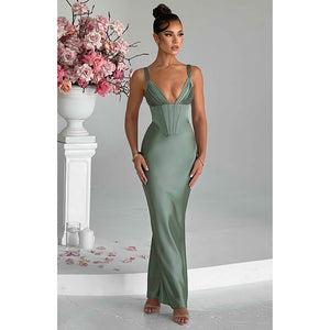 Elara Satin Deep V Slim Strap Maxi Dress