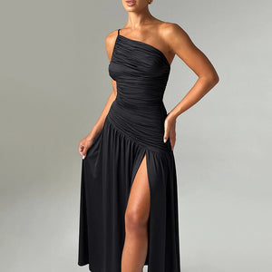 Lyra Sling Shoulder Pleated Split A-Line Maxi Dress