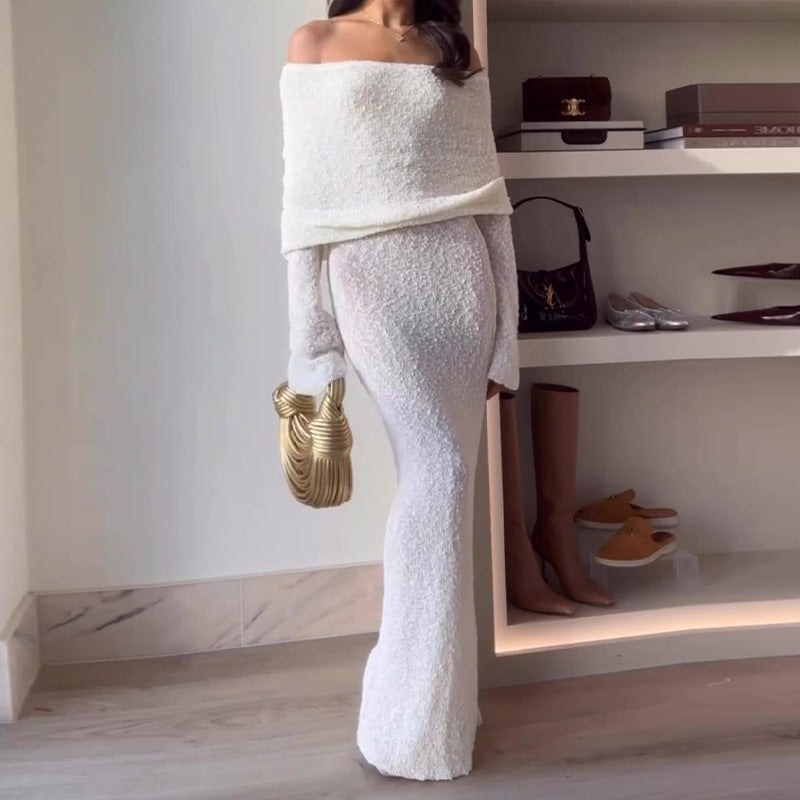 Kai Ivory Off-Shoulder Open Knit Maxi Dress