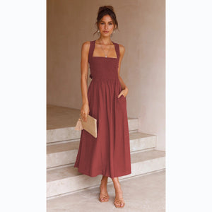 Zara Pocketed Smocked Cross Back Midi Dress