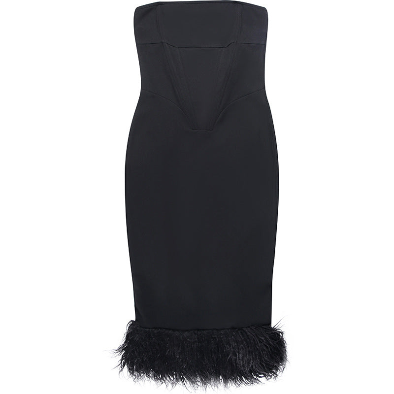 FRENCH STYLE FEATHER COCKTAIL STRAPLESS CORSET MIDI DRESS - BLACK