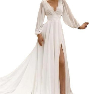 European And American High Waist Plus Size Deep V Long Sleeve Mopping Backless Wedding Dress High Slit