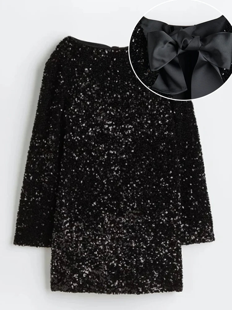 Ellie -  Sequin Long Sleeve Bowknot Short Evening Dress