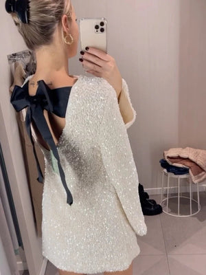 Ellie -  Sequin Long Sleeve Bowknot Short Evening Dress