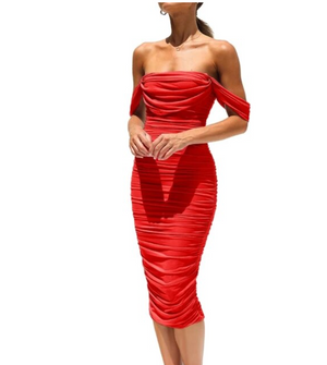 Côte Elegant Cowl Neck off Shoulder Cocktail Midi Dress