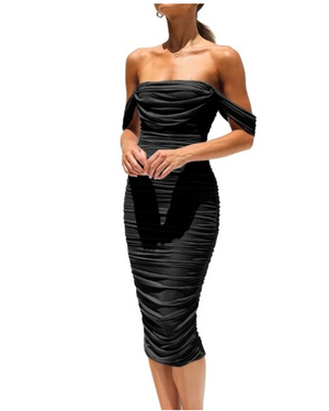 Côte Elegant Cowl Neck off Shoulder Cocktail Midi Dress