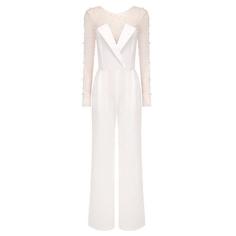 Celeste Pearl Embellished Mesh Jumpsuit