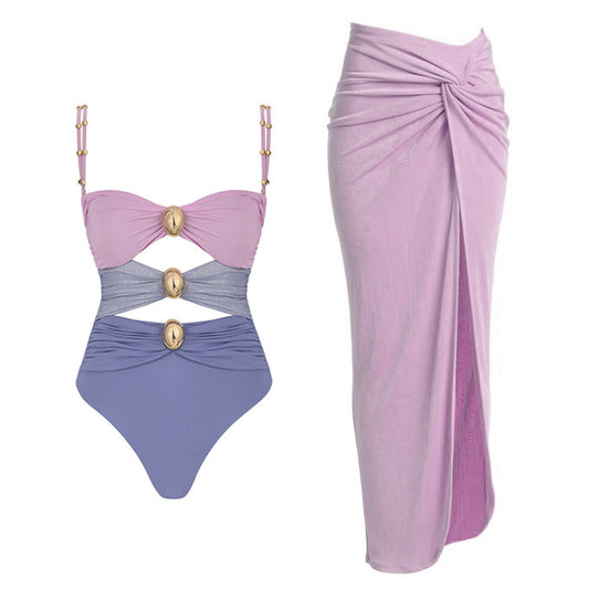 Gold Button Color Matching Three-color Swimsuit Suit Women