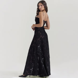 Jessie Floral Jacquard Lace Gothic Party Flowy Slip Maxi Dresses-Black