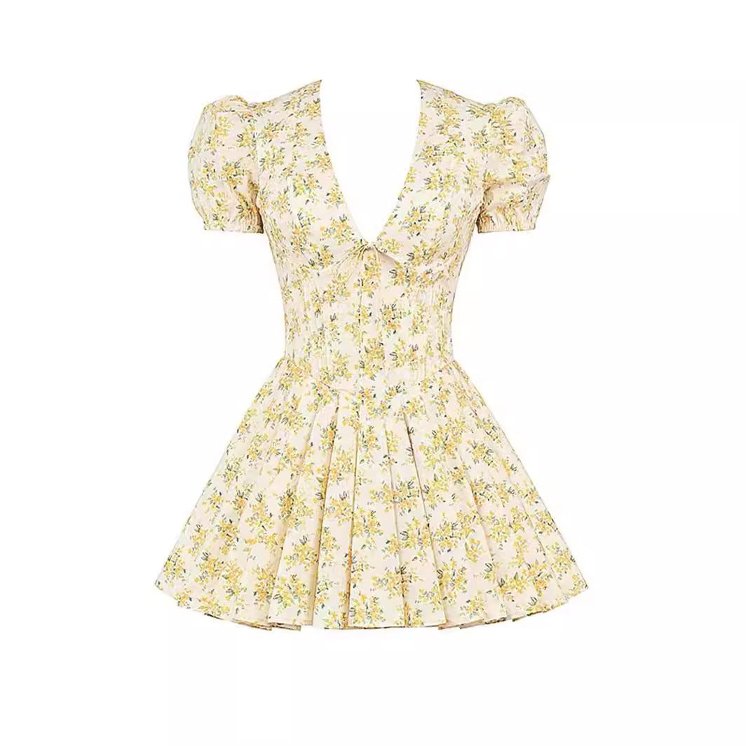 Lara -V-Neck Puff Sleeve Dress with Yellow Flowers Print