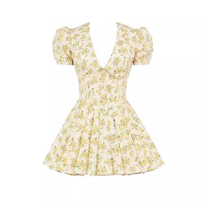 Lara -V-Neck Puff Sleeve Dress with Yellow Flowers Print