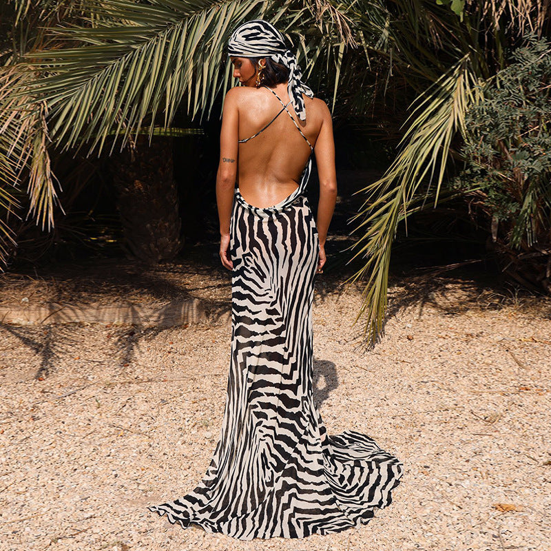 Resort Personality Zebra Print Slit Slip Dress - Hemm 