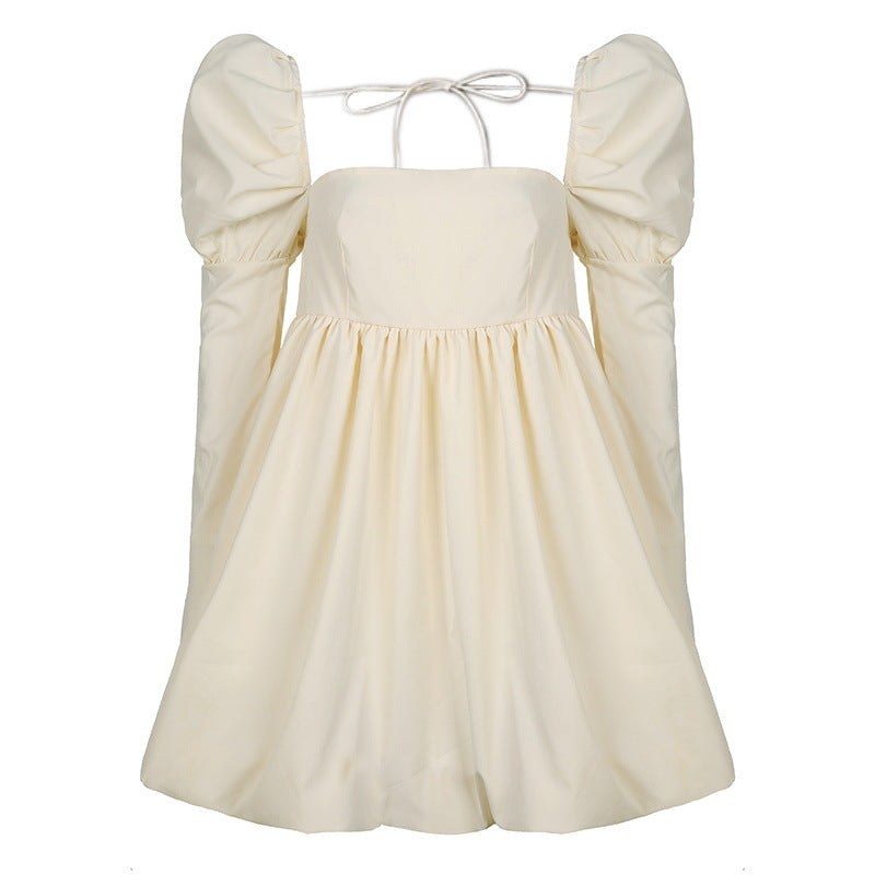 FRENCH SILKY SATIN SQUARE NECK PUFF SLEEVE BABYDOLL MINI DRESS - BEIGE