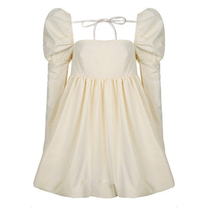 FRENCH SILKY SATIN SQUARE NECK PUFF SLEEVE BABYDOLL MINI DRESS - BEIGE