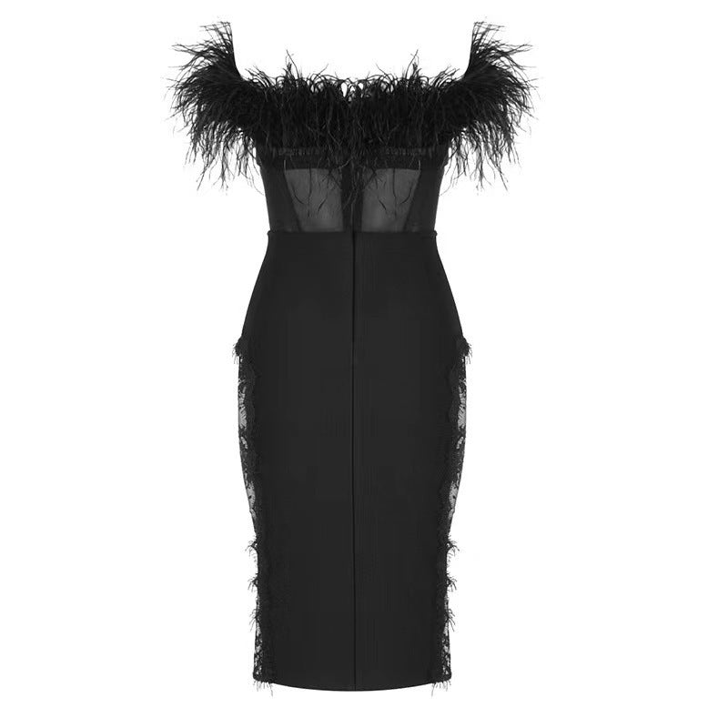 Natalia Ostrich Feather Mesh Bandage Midi Dress