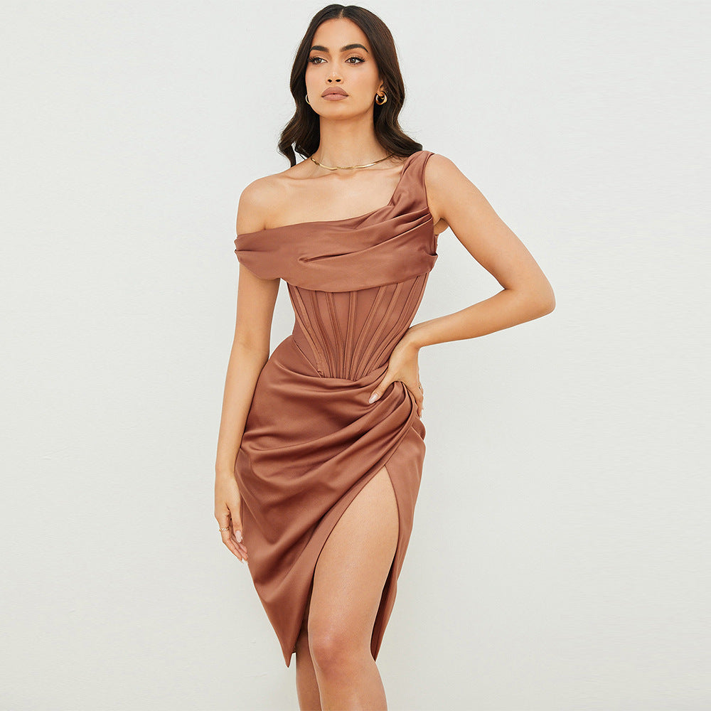 Isla Asymmetric Shoulder Stitch Slit Midi Dress