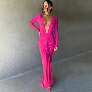 Midnight- Pleated Long Sleeve Backless Bodycon Maxi Dress