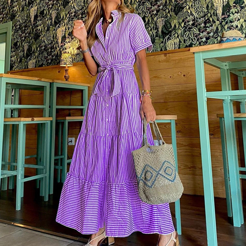 Santorini Breeze-Striped  Maxi Shirt Dress