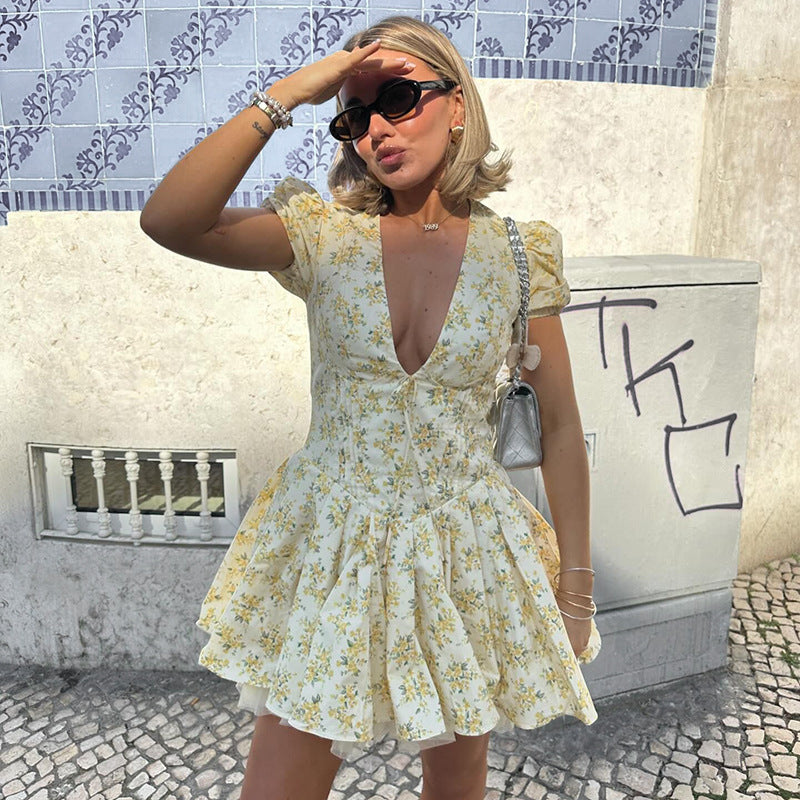 Daisy Yellow Floral V-Neck Mini Dress