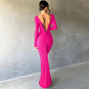 Midnight- Pleated Long Sleeve Backless Bodycon Maxi Dress