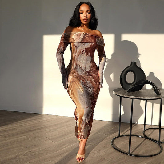 Off-Shoulder Abstract Print Layered Bodycon Maxi Dress