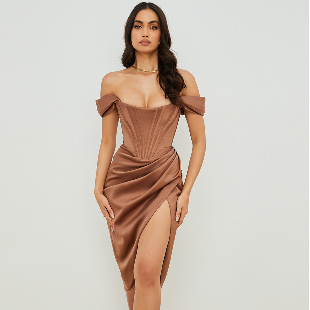 Savannah - Satin Off Shoulder Draped Corset Cocktail Midi Dress