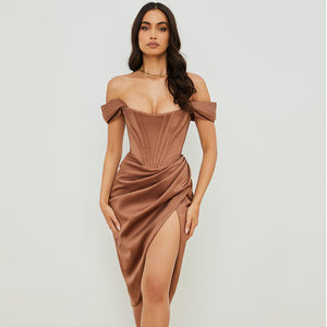 Savannah - Satin Off Shoulder Draped Corset Cocktail Midi Dress