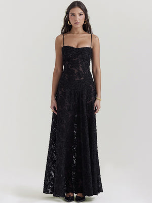 Jessie Floral Jacquard Lace Gothic Party Flowy Slip Maxi Dresses-Black