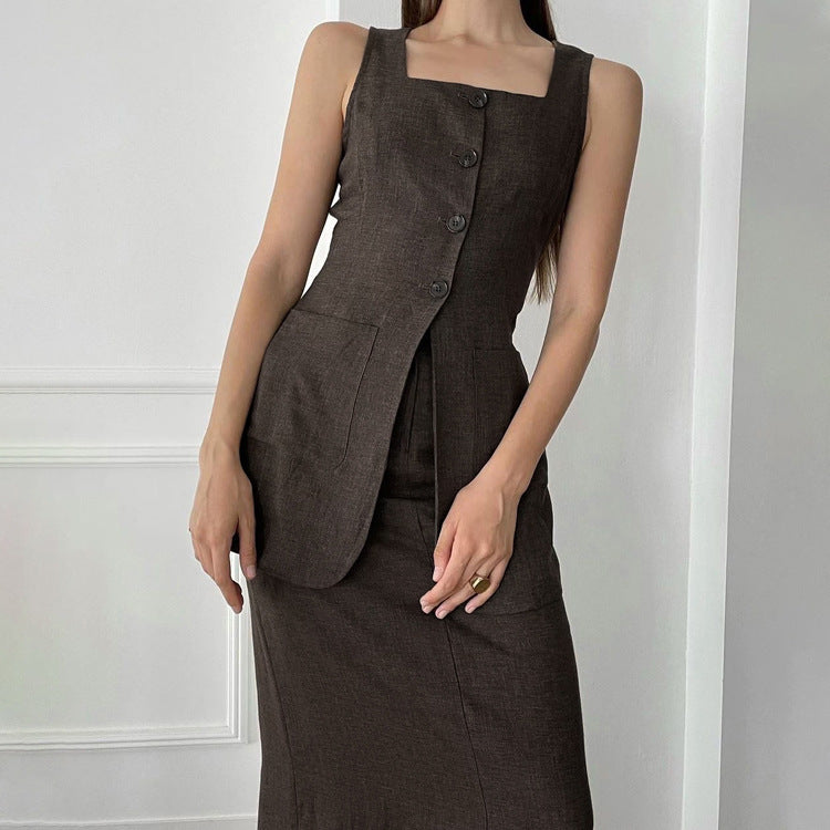 Women's Sleeveless Waistcoat Vest Skirt Suit