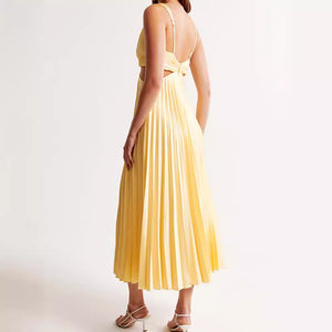 Elegant V-neck Sleeveless Hollow Backless Pleated Skirt Temperament Commute