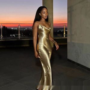 Elegant Backless Suspenders Fishtail Gold Dress