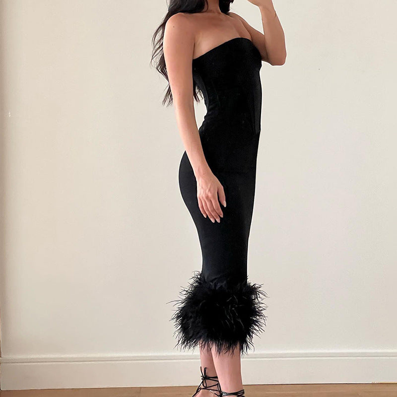 FRENCH STYLE FEATHER COCKTAIL STRAPLESS CORSET MIDI DRESS - BLACK