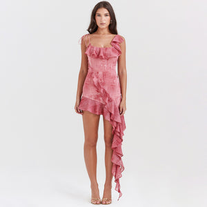 Lyrah Pink Printed Ruffle Mini Dress