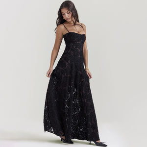 Jessie Floral Jacquard Lace Gothic Party Flowy Slip Maxi Dresses-Black