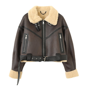 OVERSIZED FLEECED BUCKLE TRIM FAUX LEATHER CROPPED COAT - BROWN