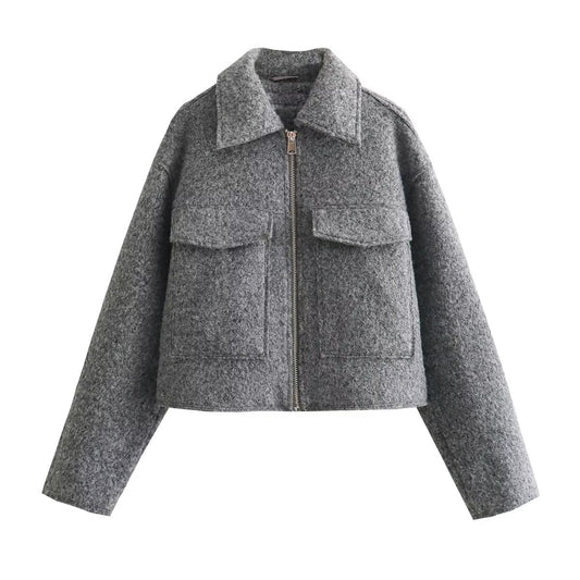 Nora - Woolen Short Jacket Polo Bouclé Bomber Jacket