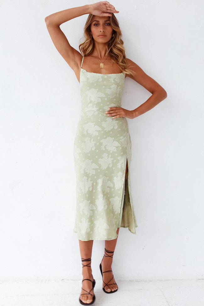 FLORAL COWL NECK HIGH SLIT SLIP MIDI DRESS - SAGE GREEN