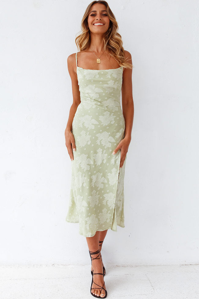 FLORAL COWL NECK HIGH SLIT SLIP MIDI DRESS - SAGE GREEN