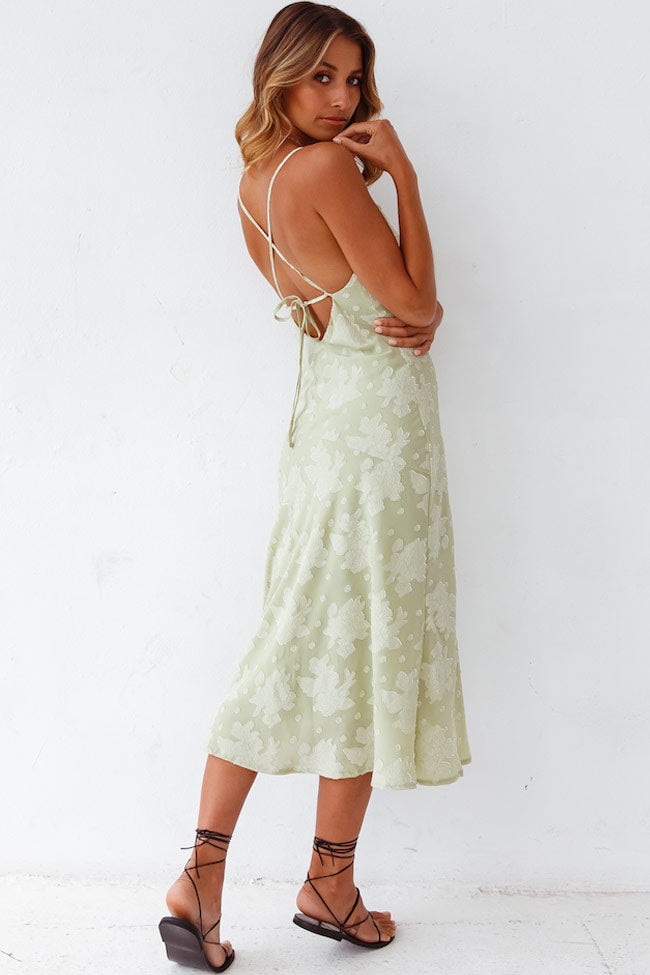 FLORAL COWL NECK HIGH SLIT SLIP MIDI DRESS - SAGE GREEN