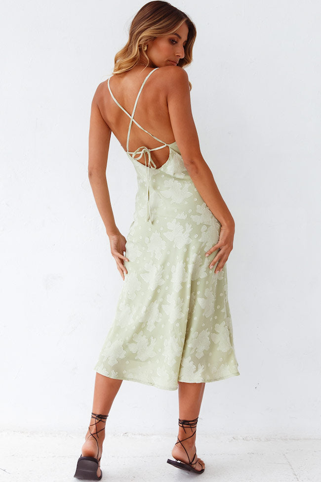 FLORAL COWL NECK HIGH SLIT SLIP MIDI DRESS - SAGE GREEN