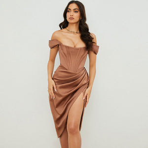 Savannah - Satin Off Shoulder Draped Corset Cocktail Midi Dress