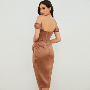 Savannah - Satin Off Shoulder Draped Corset Cocktail Midi Dress