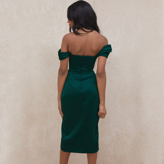 Emerald - Off the shoulder Corset Cocktail Midi Dress- Green