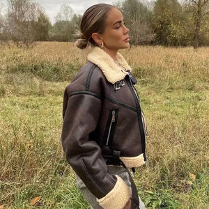 OVERSIZED FLEECED BUCKLE TRIM FAUX LEATHER CROPPED COAT - BROWN
