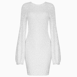 Addison Sparkley Squin Lacy Long Sleeve Party Mini Dress - White